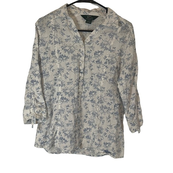 Woolrich Cotton Blue White Floral Button Up Top - Picture 1 of 8